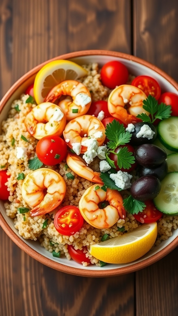 A Mediterranean shrimp quinoa bowl with shrimp, quinoa, tomatoes, cucumber, olives, and feta cheese, garnished with parsley and lemon.